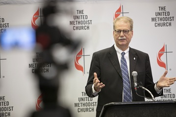 Bishop Kenneth H. Carter, president of the Council of Bishops, speaks to the press following the conclusion of the 2019 United Methodist General Conference. 