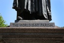 "The World is My Parish" is inscribed at the base of a statue of John Wesley located in the courtyard outside Wesley's Chapel and John Wesley's house at 49 City Road in London. Photo by Kathleen Barry, United Methodist Communications.
