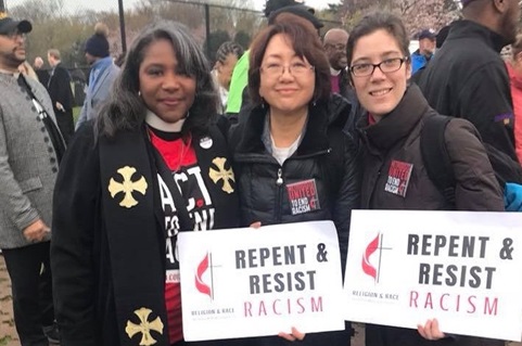 The United Methodist Women's Racial Justice Charter has advocated for racial equality for more than 40 years. Pictured (l-r): Dionne P. Boissier, Sung-ok Lee, Emily Jones, at a 2018 event. Photo courtesy of United Methodist Women