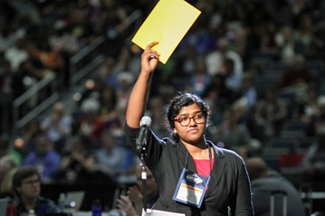 Ann Jacob, reserve delegate from the Eastern Pennsylvania Conference, ask to speak during the 2016 United Methodist General Conference. Photo by Maile Bradfield, United Methodist Communications.