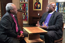 The Episcopal Church Presiding Bishop Michael Curry chats with Bishop Gregory Palmer, The United Methodist Church chair of the Episcopal Church Dialogue Committee. (Photo provided by the Council of Bishops.)